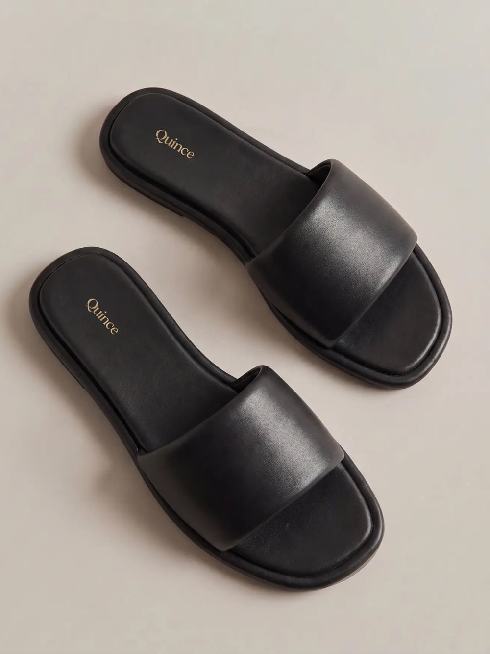 Quince Black Wide Strap Leather Slide Sandals for Women